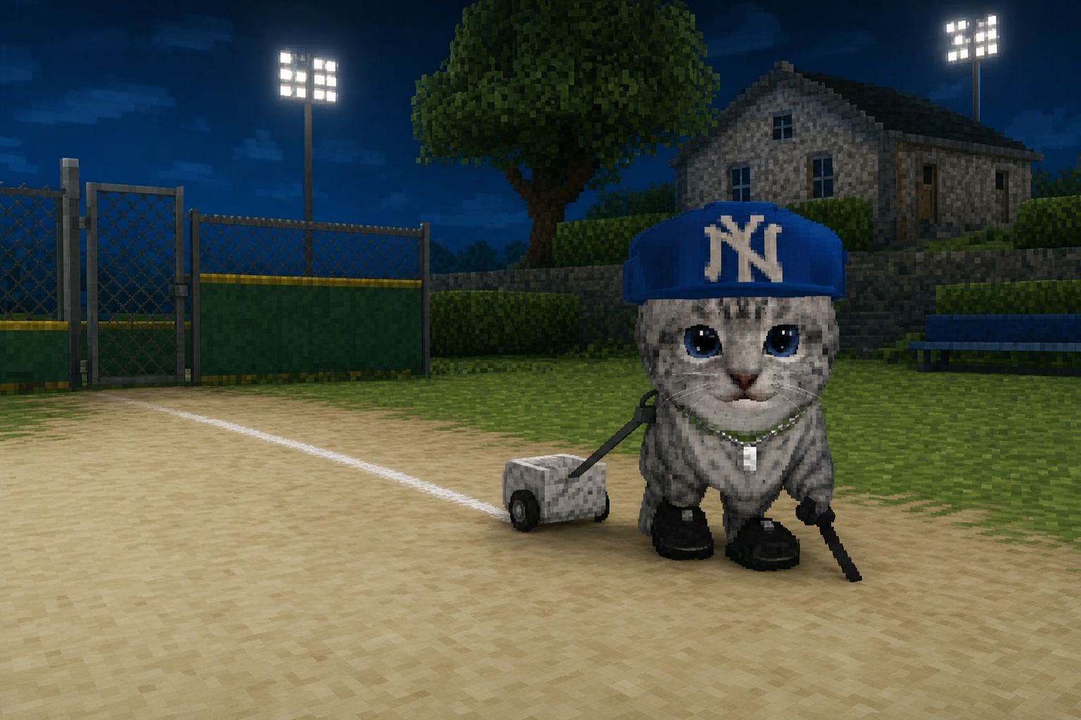 Lil Yankee, a gray kitten in a navy cap and silver chain, pulling a chalk cart along a fresh white line on a lit ballfield at night
